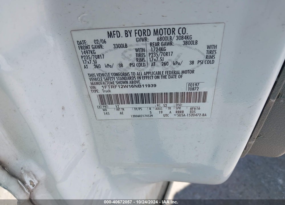 2006 FORD F-150 STX/XL/XLT VIN: 1FTRF12W16NB11939