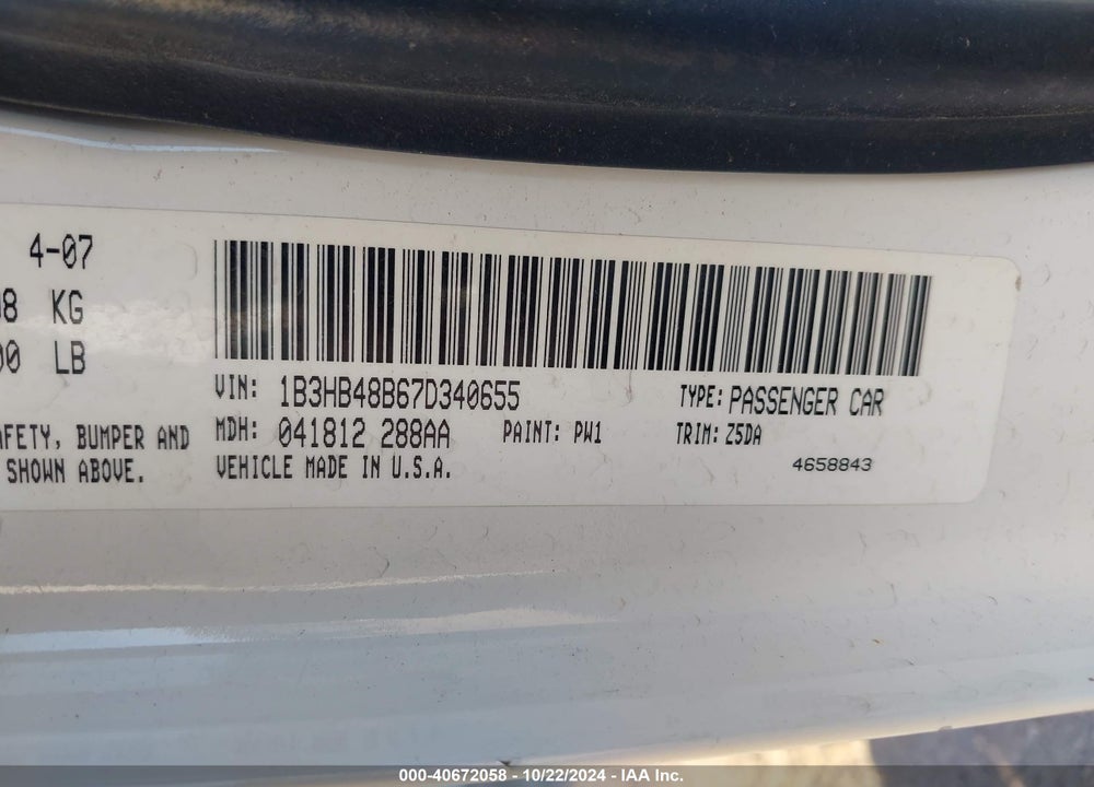 2007 DODGE CALIBER SXT VIN: 1B3HB48B67D340655