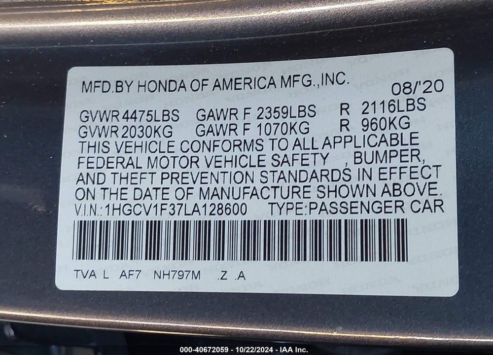 2020 HONDA ACCORD SPORT VIN: 1HGCV1F37LA128600