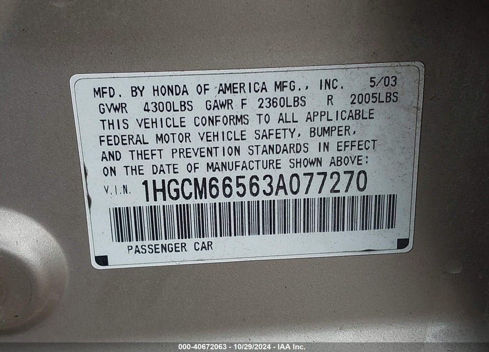 2003 HONDA ACCORD VIN: 1HGCM66563A077270