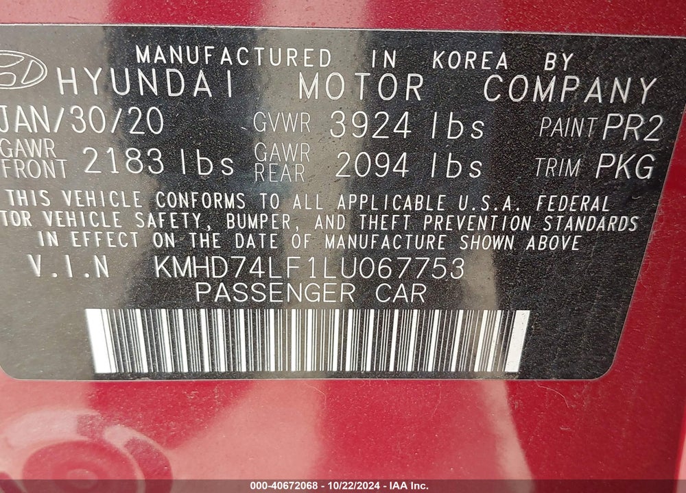 2020 HYUNDAI ELANTRA SE VIN: KMHD74LF1LU067753