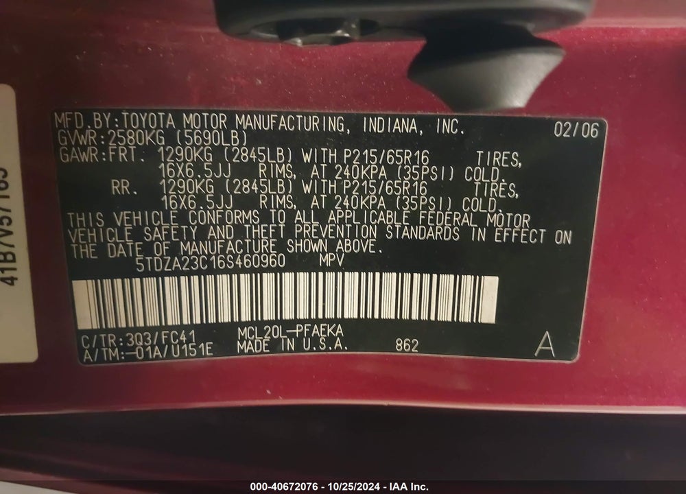 2006 TOYOTA SIENNA LE VIN: 5TDZA23C16S460960