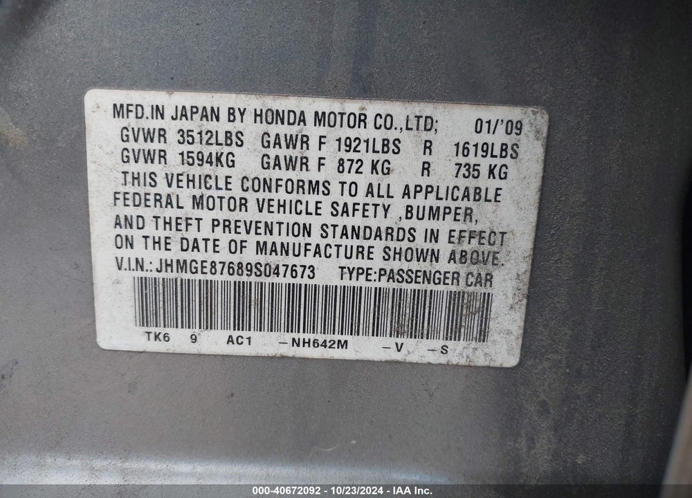 2009 HONDA FIT SPORT VIN: JHMGE87689S047673