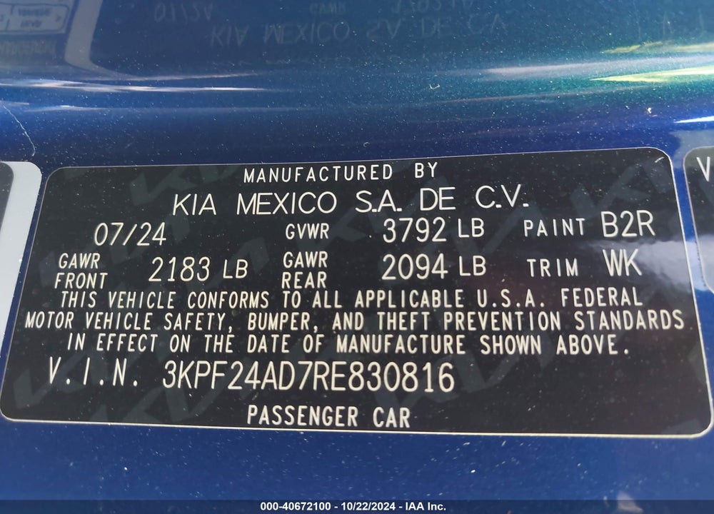 2024 KIA FORTE VIN: 3KPF24AD7RE830816