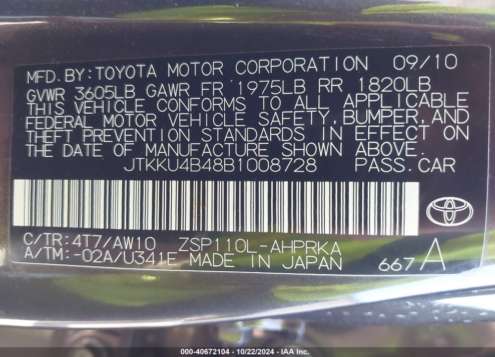 2011 SCION XD RELEASE SERIES 3.0 VIN: JTKKU4B48B1008728
