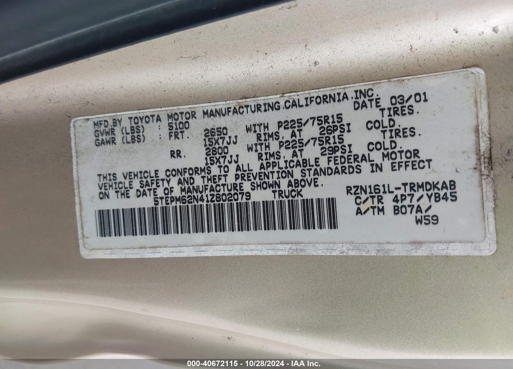 2001 TOYOTA TACOMA VIN: 5TEPM62N41Z802079