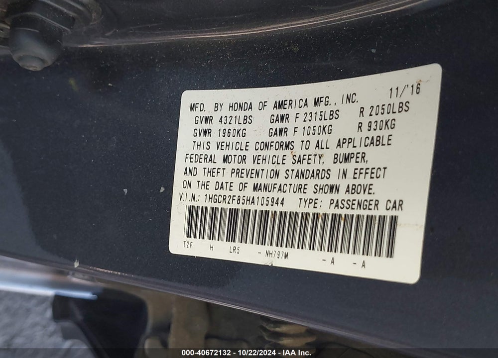2017 HONDA ACCORD EX-L VIN: 1HGCR2F85HA105944