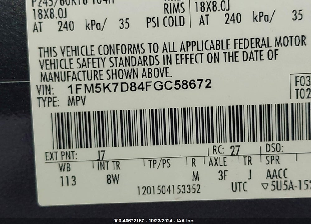 2015 FORD EXPLORER XLT VIN: 1FM5K7D84FGC58672