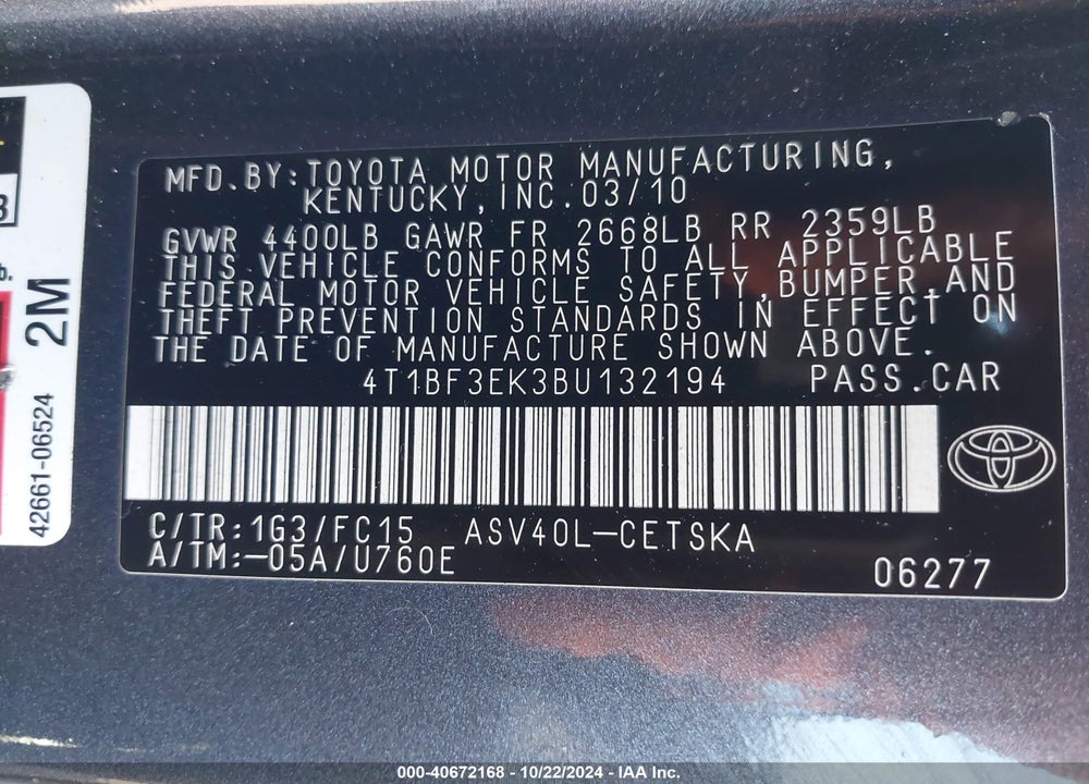2011 TOYOTA CAMRY SE VIN: 4T1BF3EK3BU132194