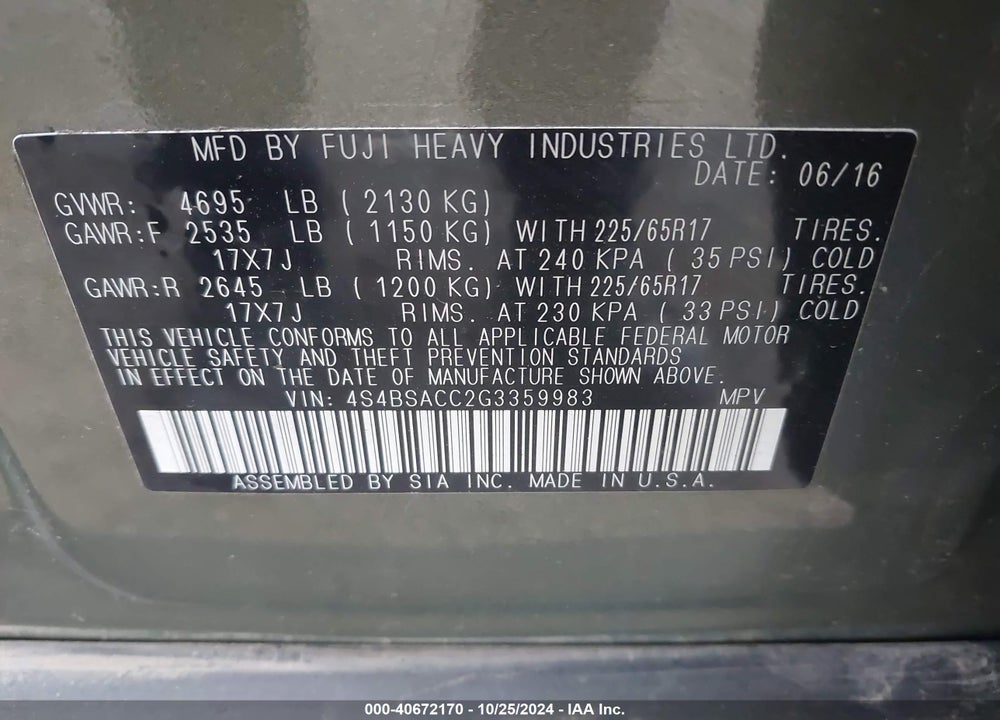2016 SUBARU OUTBACK VIN: 4S4BSACC2G3359983