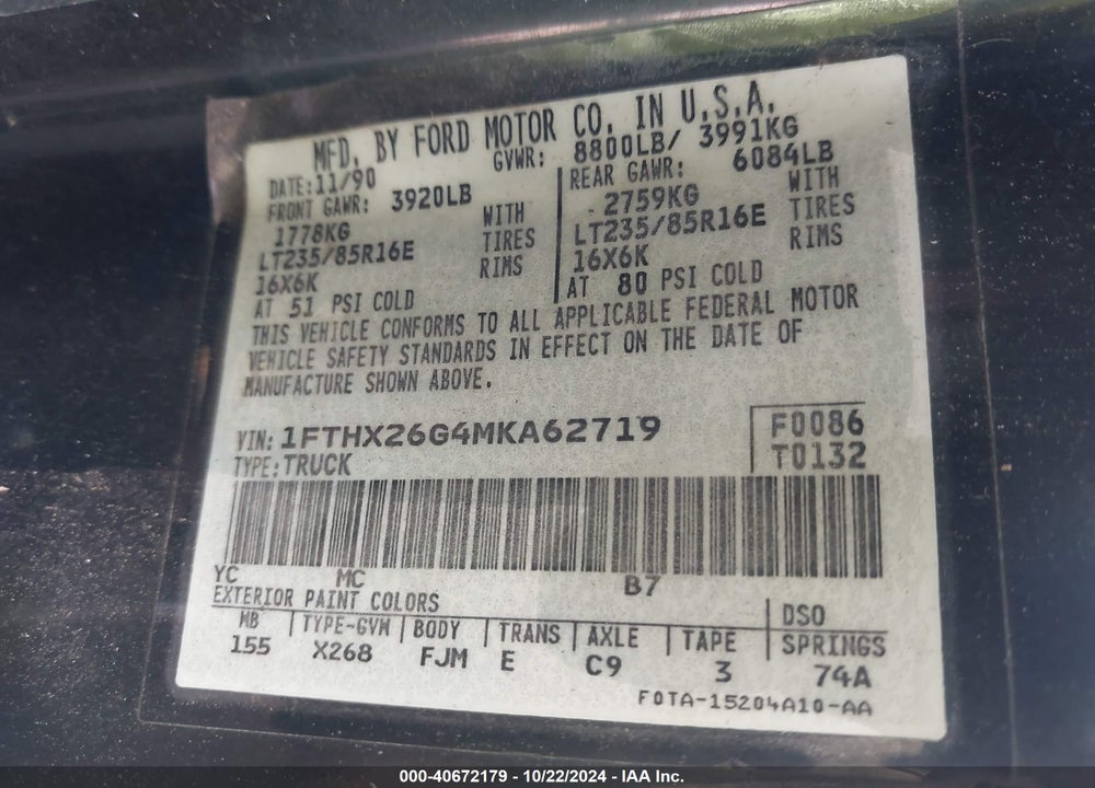 1991 FORD F250 VIN: 1FTHX26G4MKA62719