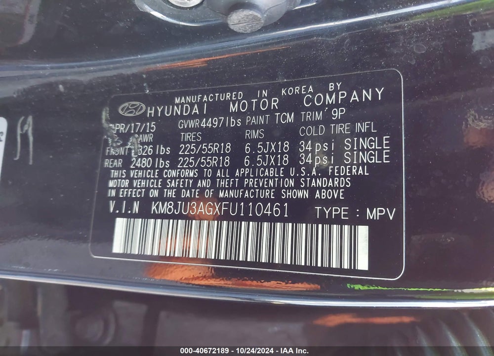 2015 HYUNDAI TUCSON LIMITED VIN: KM8JU3AGXFU110461