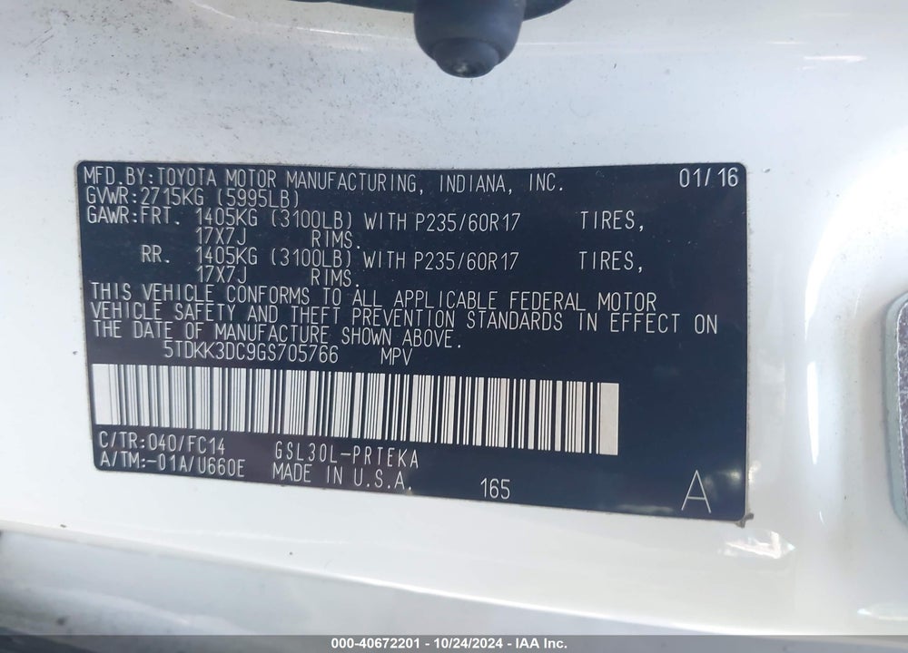 2016 TOYOTA SIENNA LE 8 PASSENGER VIN: 5TDKK3DC9GS705766