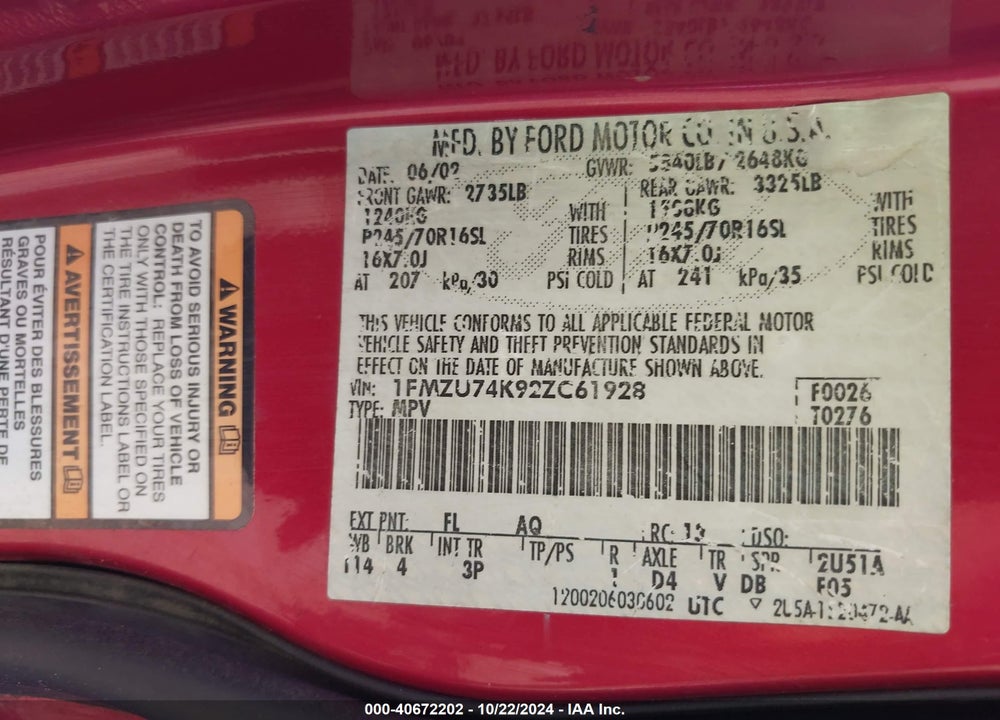 2002 FORD EXPLORER EDDIE BAUER VIN: 1FMZU74K92ZC61928