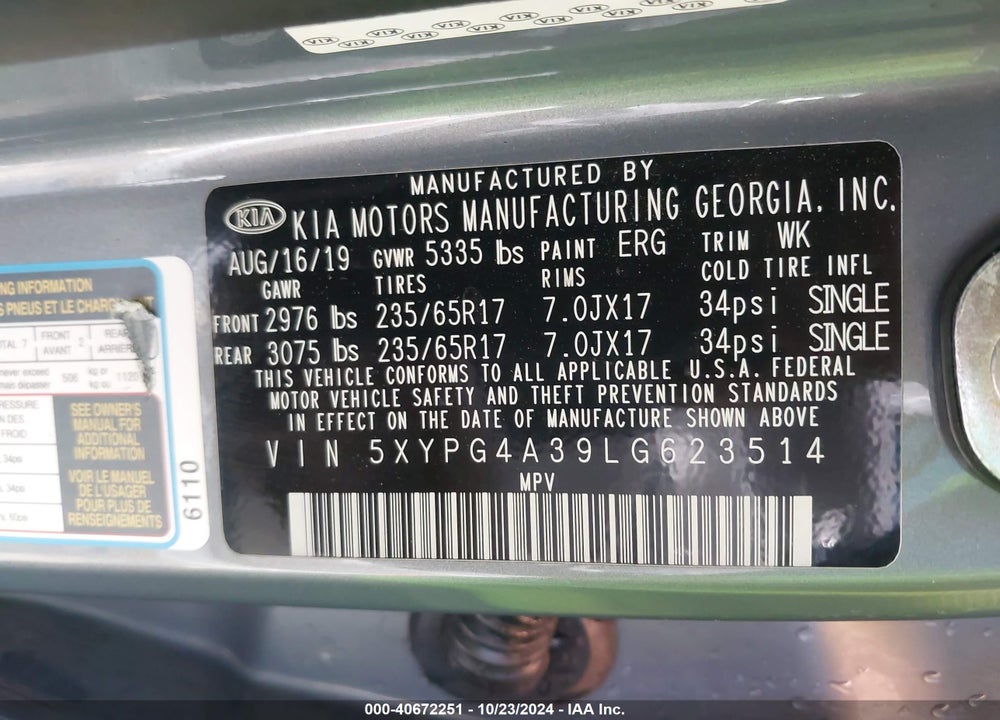2020 KIA SORENTO 2.4L LX VIN: 5XYPG4A39LG623514