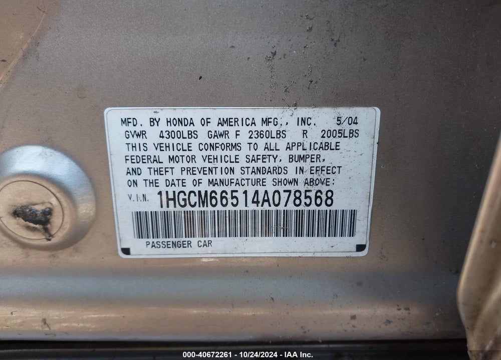2004 HONDA ACCORD 3.0 EX VIN: 1HGCM66514A078568