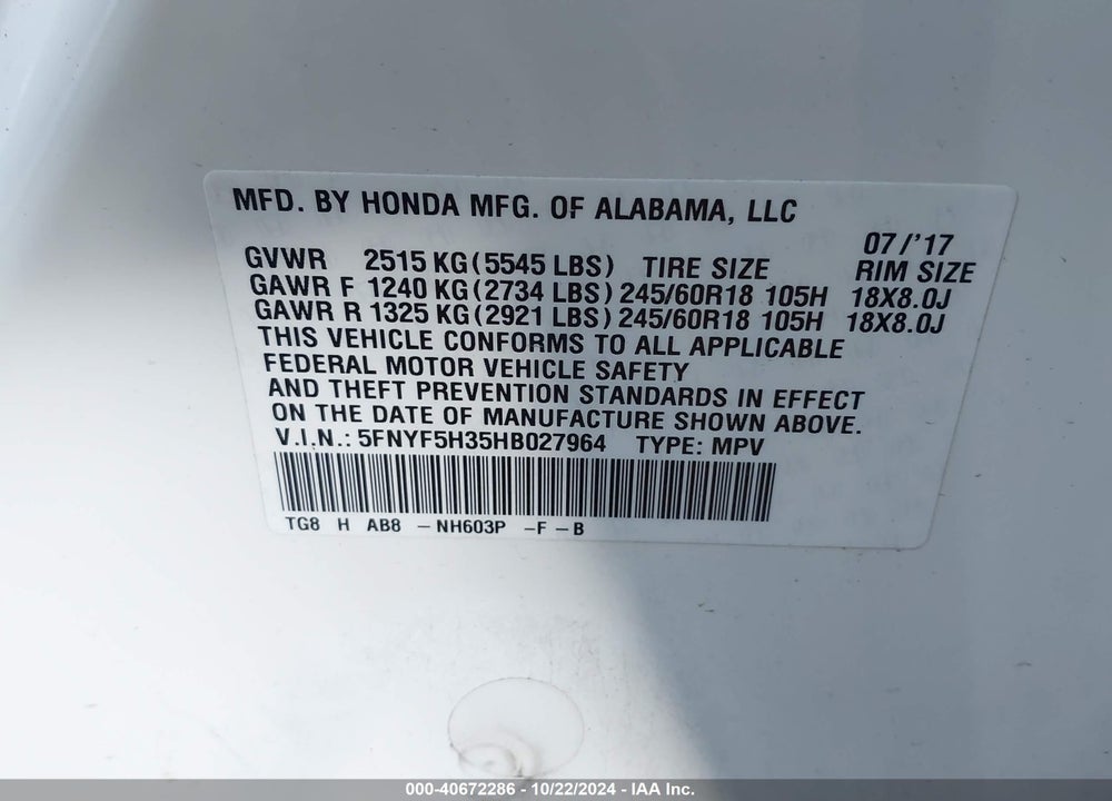 2017 HONDA PILOT EX VIN: 5FNYF5H35HB027964