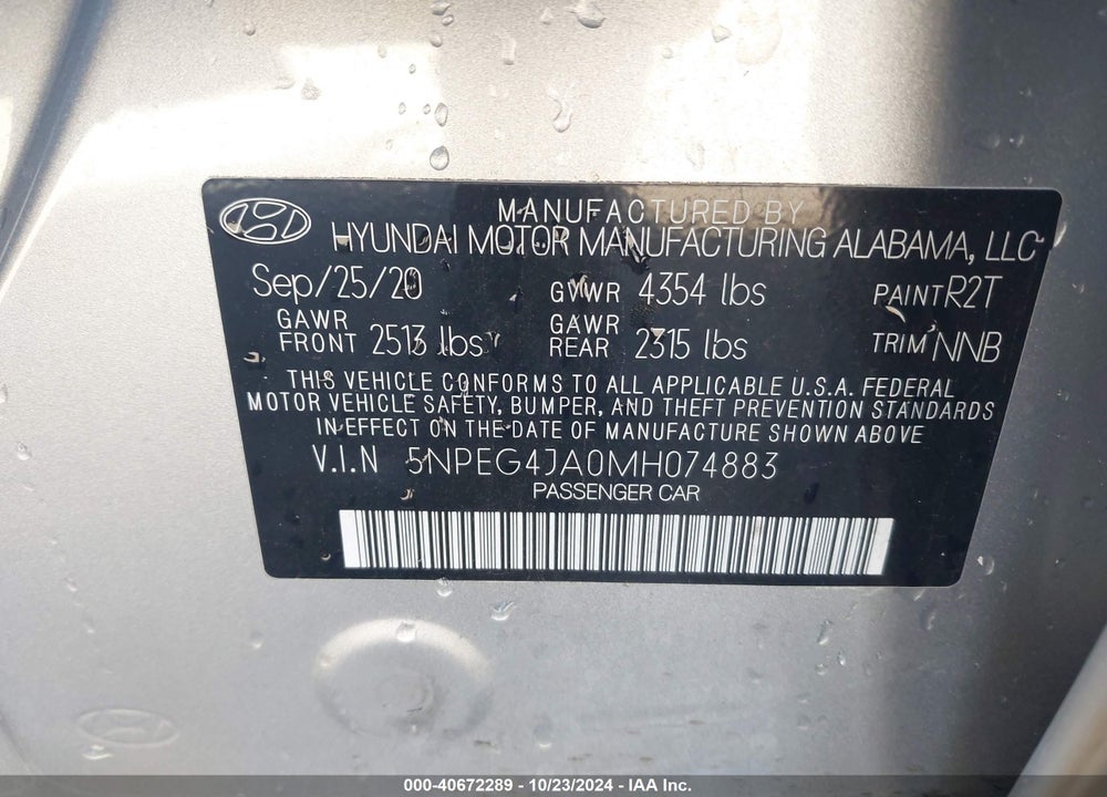 2021 HYUNDAI SONATA SE VIN: 5NPEG4JA0MH074883
