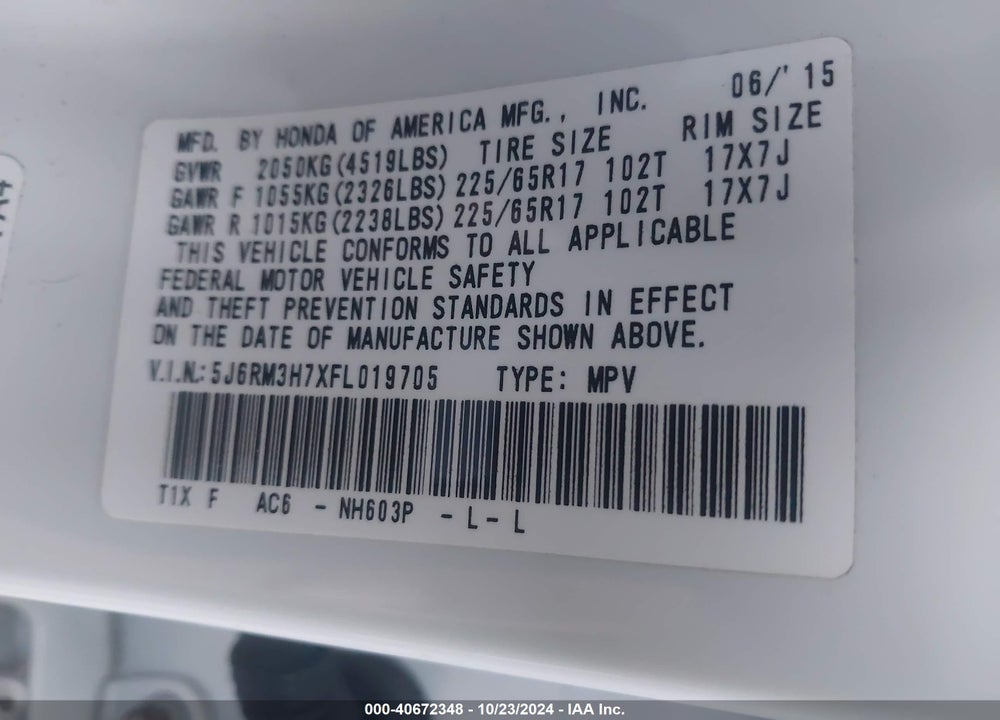 2015 HONDA CR-V EX-L VIN: 5J6RM3H7XFL019705