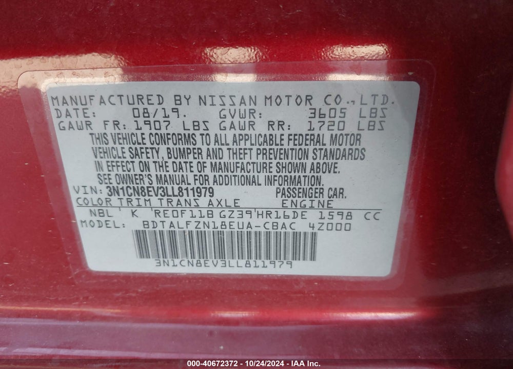 2020 NISSAN VERSA SV XTRONIC CVT VIN: 3N1CN8EV3LL811979