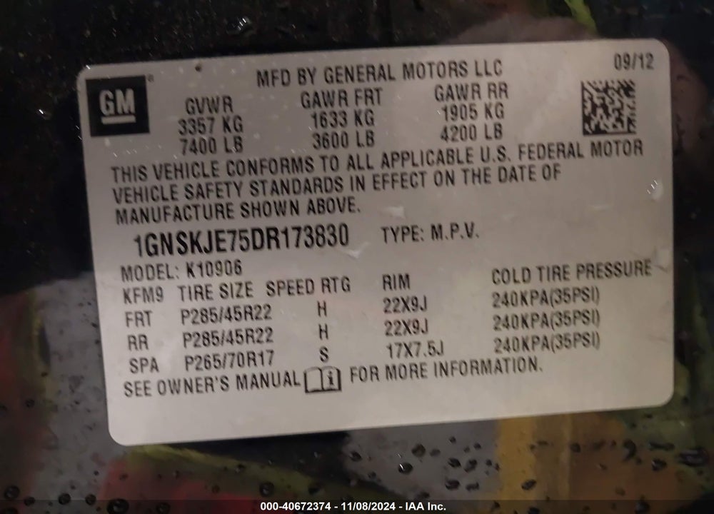 2013 CHEVROLET SUBURBAN 1500 LT VIN: 1GNSKJE75DR173830