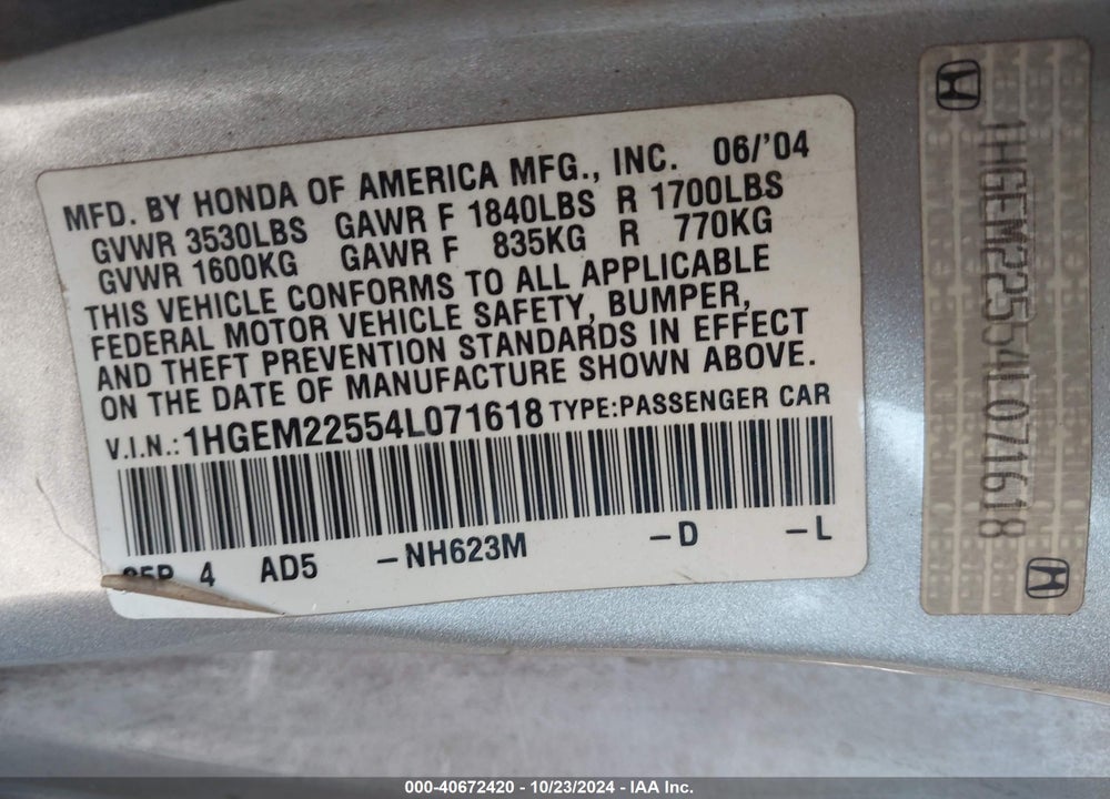 2004 HONDA CIVIC LX VIN: 1HGEM22554L071618