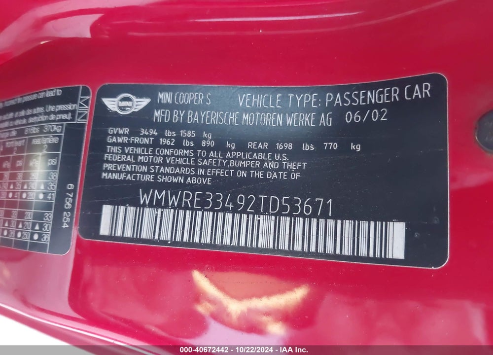 2002 MINI COOPER S VIN: WMWRE33492TD53671