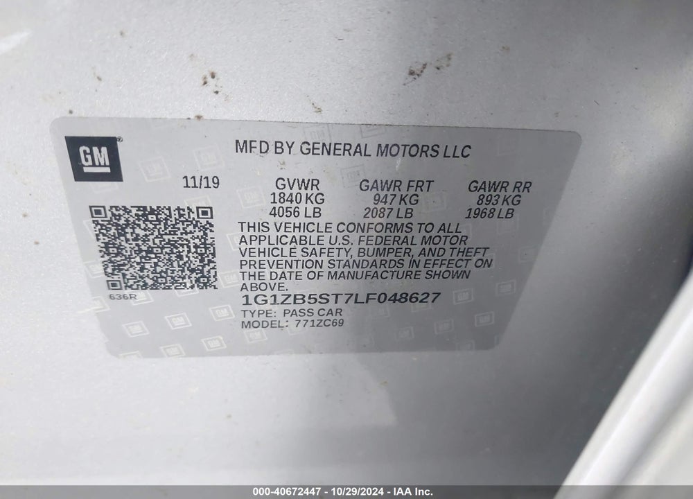2020 CHEVROLET MALIBU FWD LS VIN: 1G1ZB5ST7LF048627