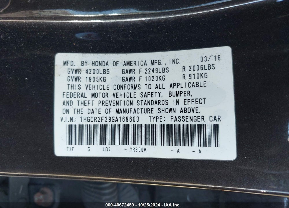 2016 HONDA ACCORD LX VIN: 1HGCR2F39GA169603