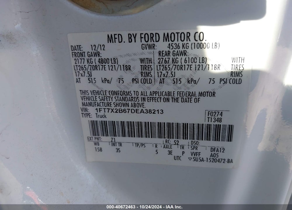 2013 FORD F-250 XLT VIN: 1FT7X2B67DEA38213