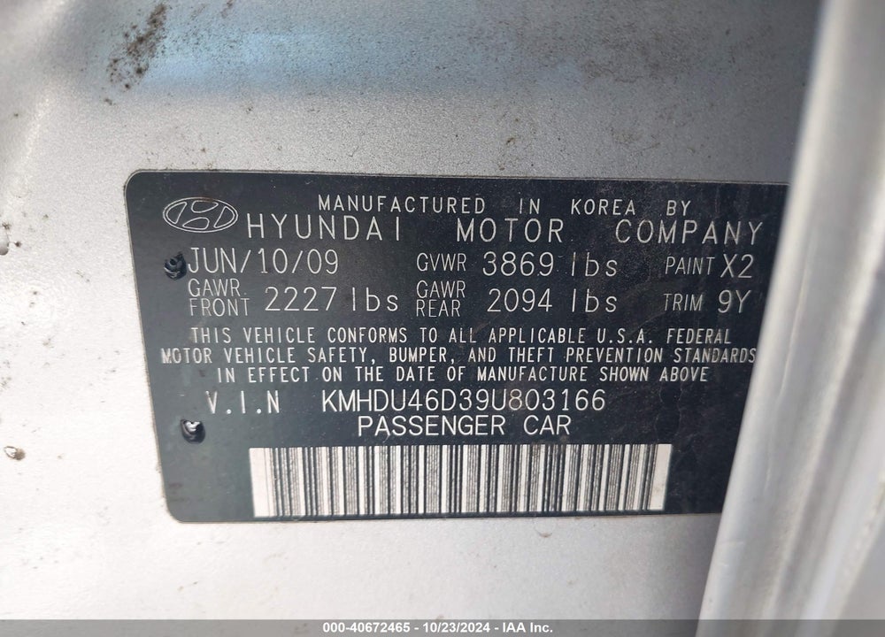 2009 HYUNDAI ELANTRA VIN: KMHDU46D39U803166