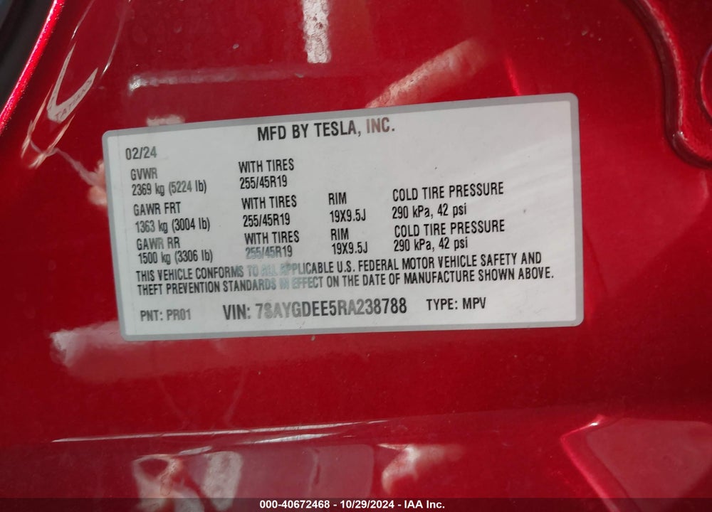 2024 TESLA MODEL Y LONG RANGE DUAL MOTOR ALL-WHEEL DRIVE VIN: 7SAYGDEE5RA238788