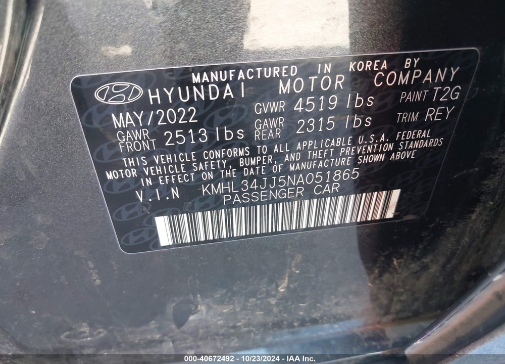 2022 HYUNDAI SONATA VIN: KMHL34JJ5NA051865
