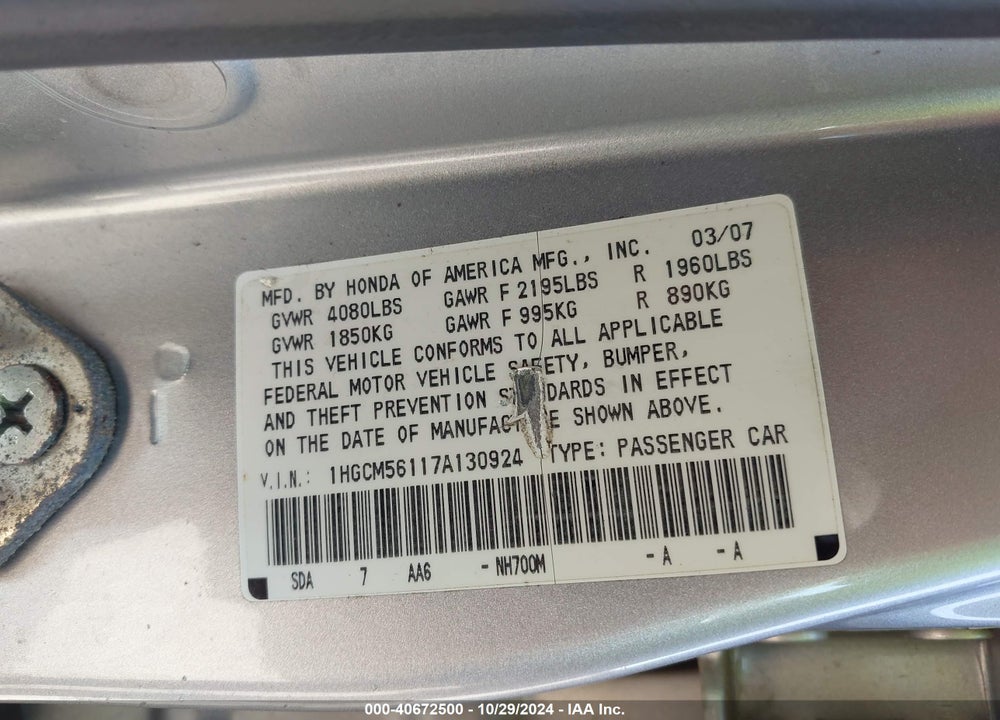 2007 HONDA ACCORD 2.4 VP VIN: 1HGCM56117A130924