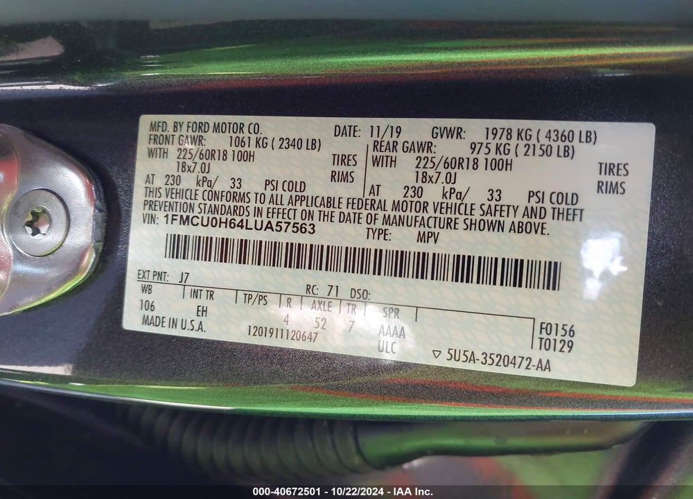 2020 FORD ESCAPE SEL VIN: 1FMCU0H64LUA57563