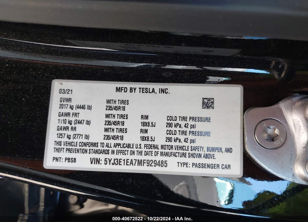 2021 TESLA MODEL 3 STANDARD RANGE PLUS REAR-WHEEL DRIVE VIN: 5YJ3E1EA7MF929485
