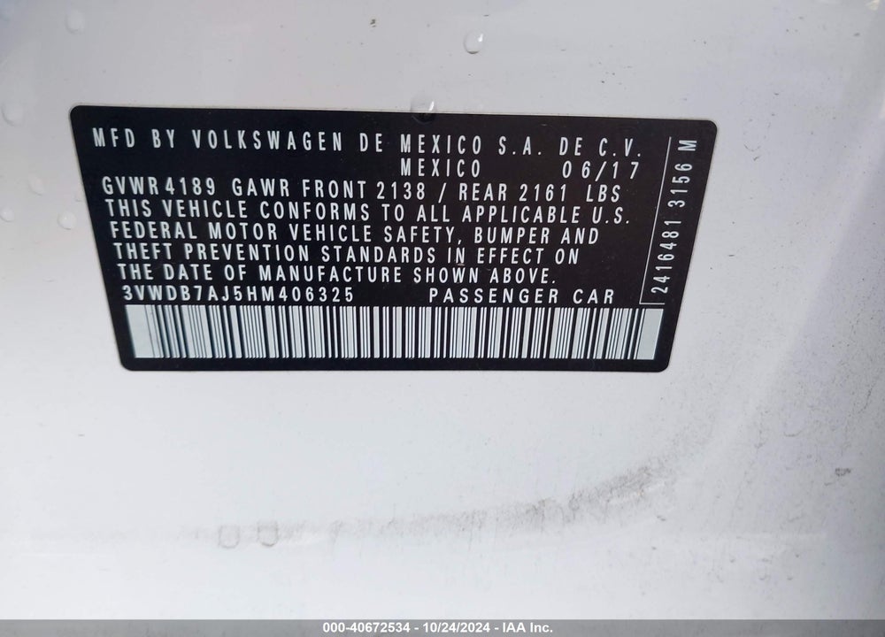 2017 VOLKSWAGEN JETTA 1.4T SE VIN: 3VWDB7AJ5HM406325