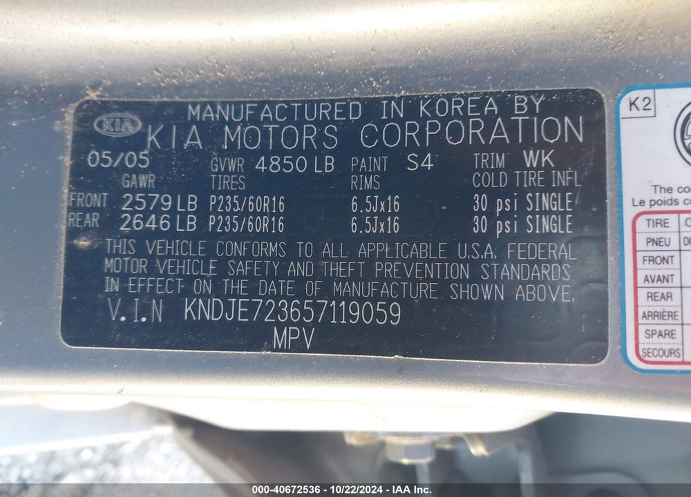 2005 KIA SPORTAGE VIN: KNDJE723657119059