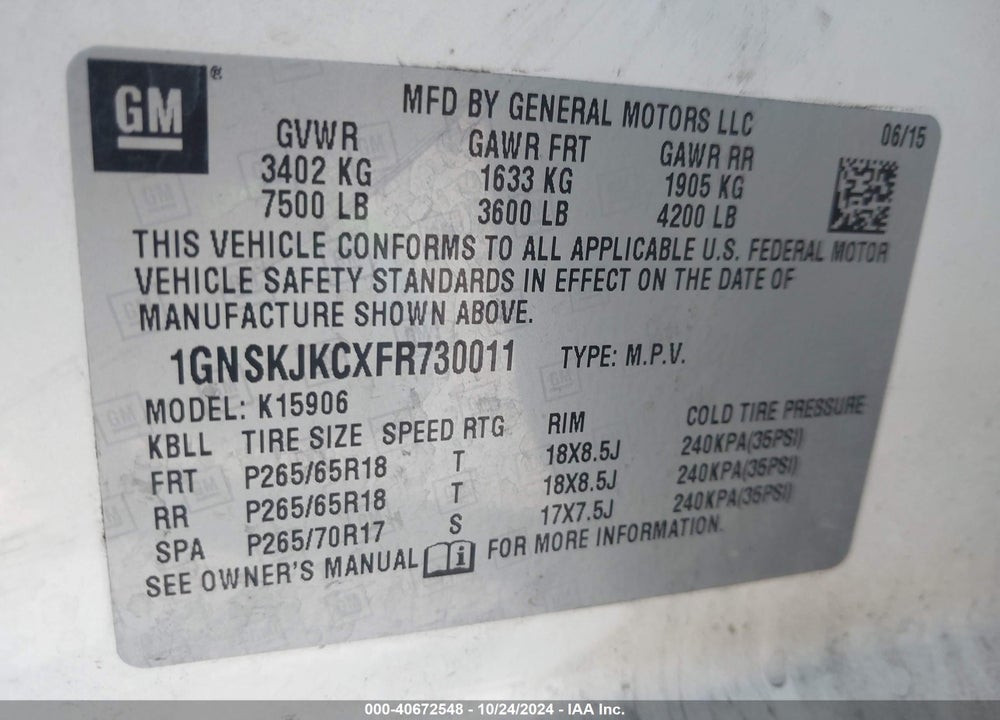 2015 CHEVROLET SUBURBAN 1500 LT VIN: 1GNSKJKCXFR730011