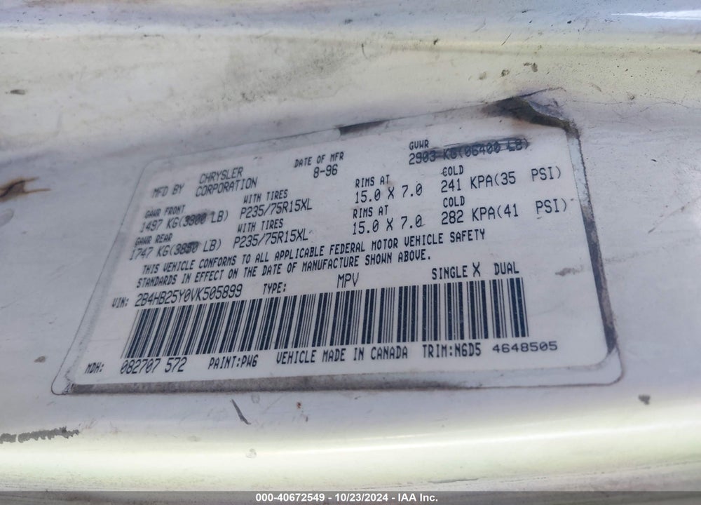 1997 DODGE RAM 2500 VALUE VIN: 2B4HB25Y0VK505899