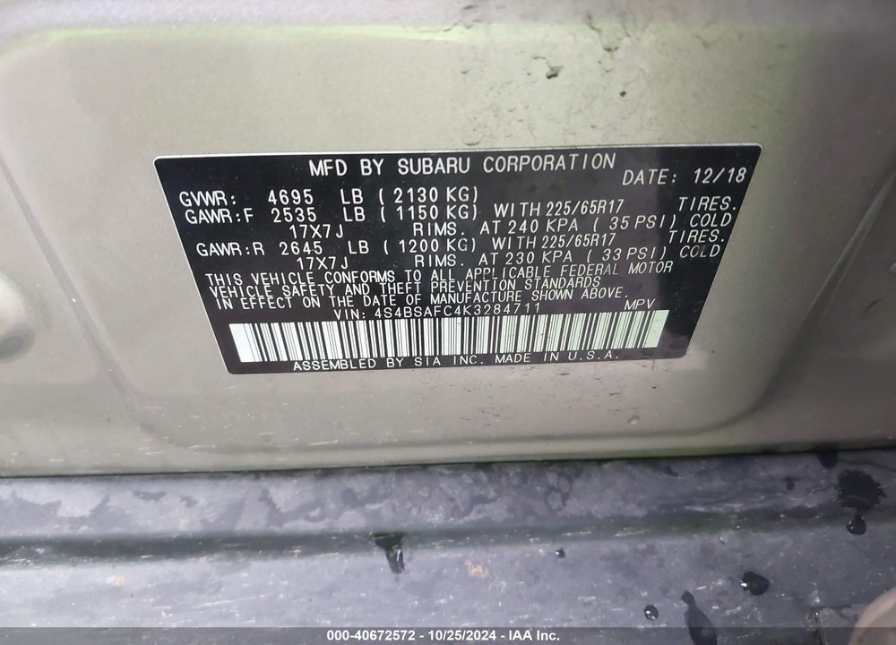 2019 SUBARU OUTBACK 2.5I PREMIUM VIN: 4S4BSAFC4K3284711