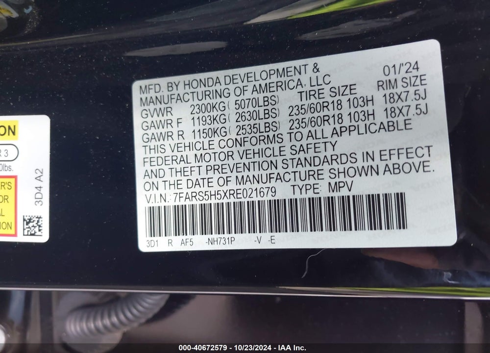 2024 HONDA CR-V HYBRID SPORT VIN: 7FARS5H5XRE021679