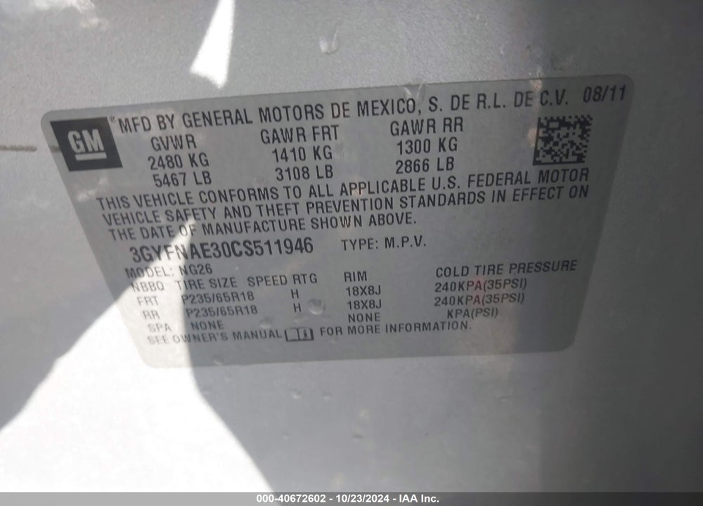 2012 CADILLAC SRX LUXURY COLLECTION VIN: 3GYFNAE30CS511946