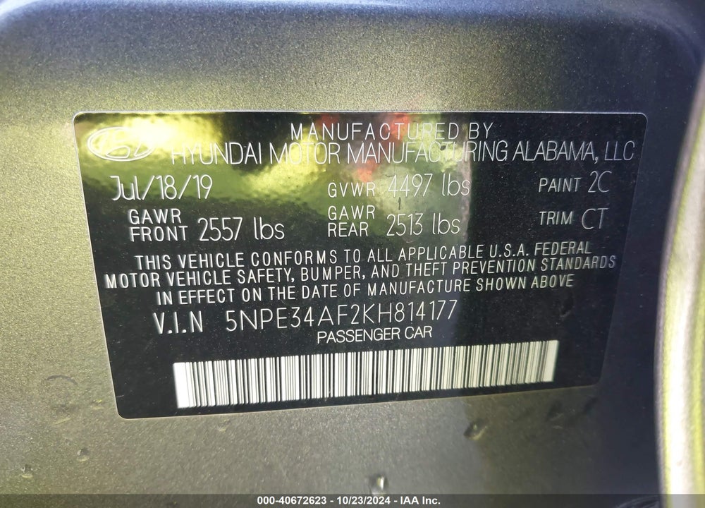 2019 HYUNDAI SONATA SPORT VIN: 5NPE34AF2KH814177