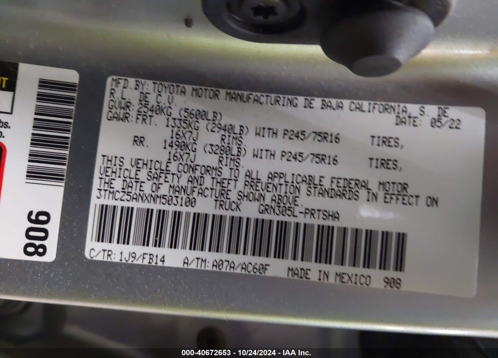 2022 TOYOTA TACOMA SR V6 VIN: 3TMCZ5ANXNM503100