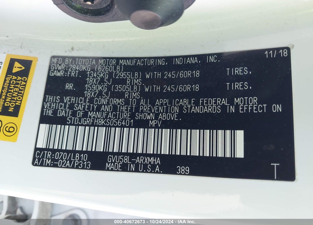 2019 TOYOTA HIGHLANDER HYBRID XLE VIN: 5TDJGRFH8KS056401