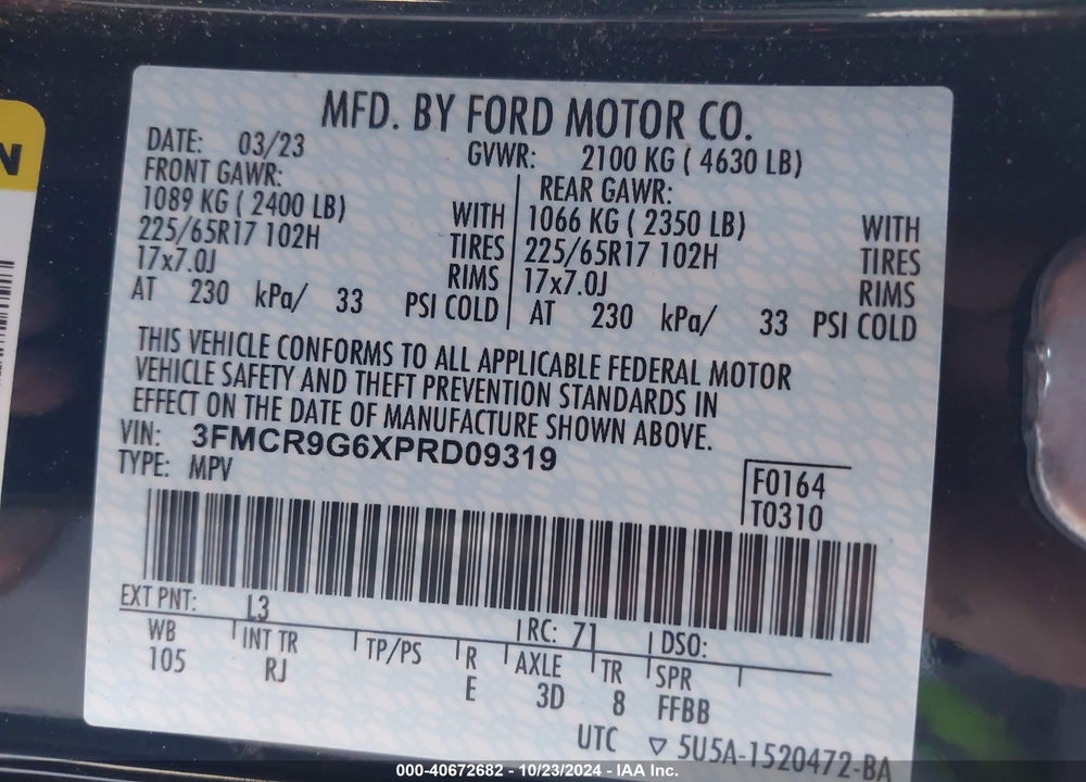 2023 FORD BRONCO SPORT HERITAGE VIN: 3FMCR9G6XPRD09319
