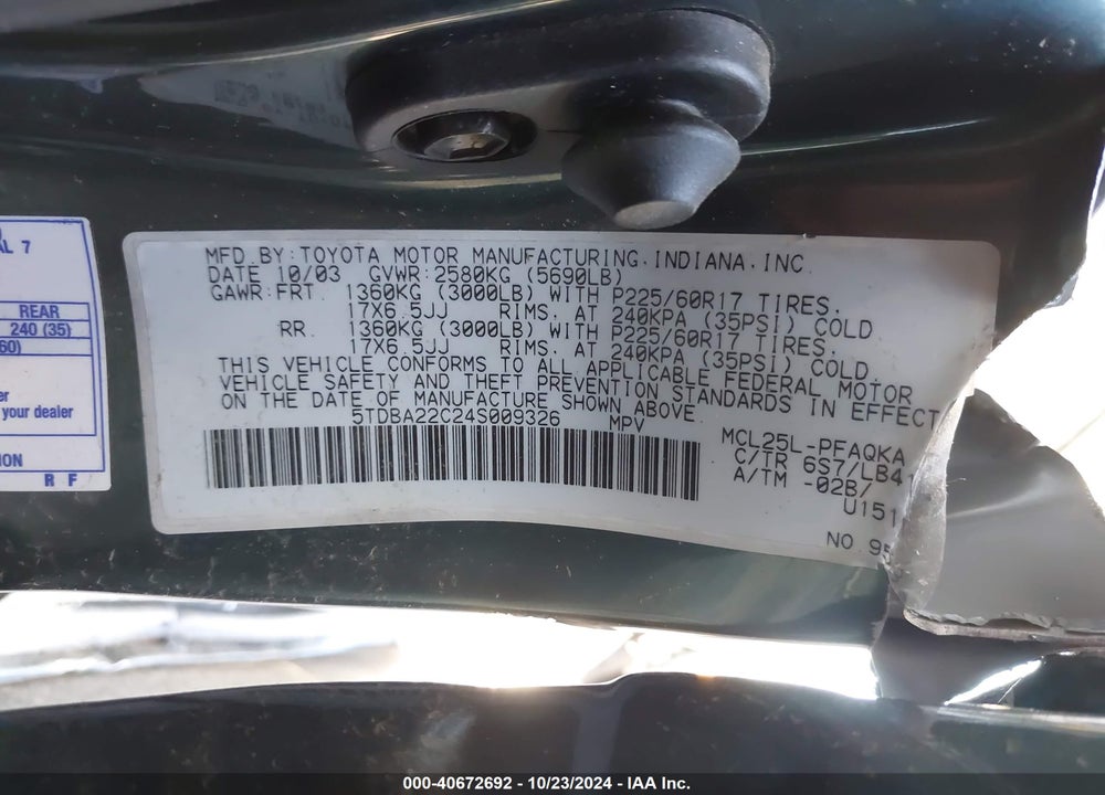2004 TOYOTA SIENNA XLE LIMITED VIN: 5TDBA22C24S009326