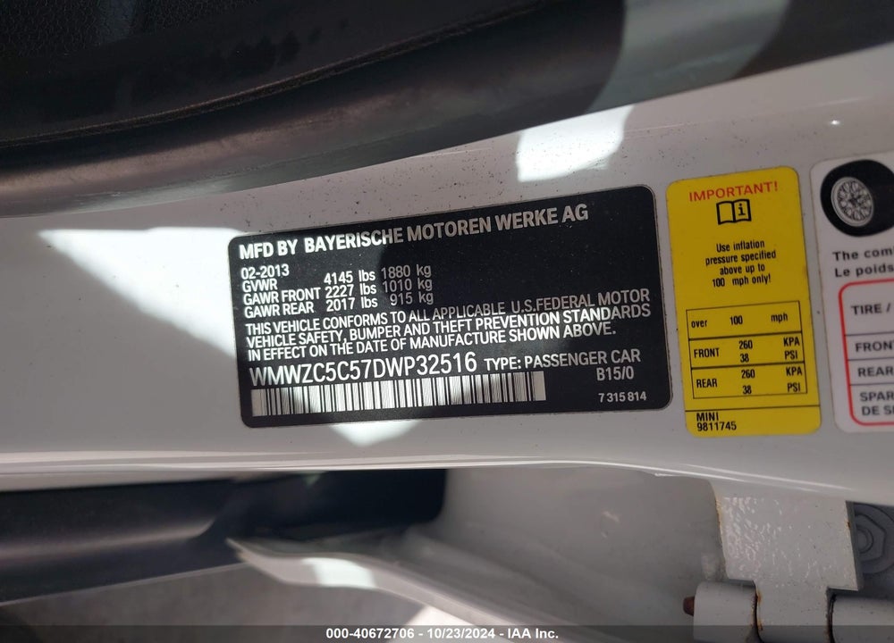 2013 MINI COUNTRYMAN COOPER S VIN: WMWZC5C57DWP32516