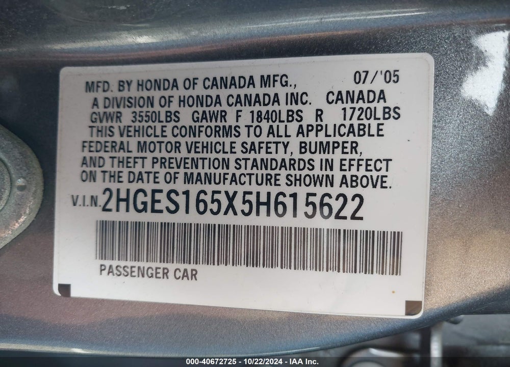 2005 HONDA CIVIC LX VIN: 2HGES165X5H615622